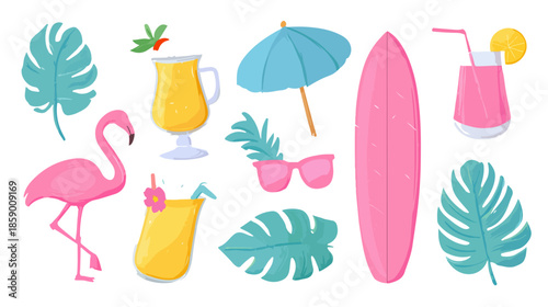 투명한 여름 휴가 아이콘 세트: 플라밍고, 서핑보드, 칵테일, 우산, 열대 잎