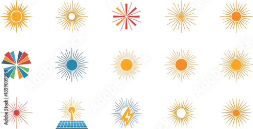 Sun Icons, Solar Energy Concepts and Radiant Light Ray Vector Illustrations