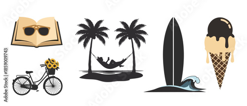 A cheerful set of summer vacation essentials, including beach relaxation, travel activities, and refreshing delights, perfect for any holiday-themed project