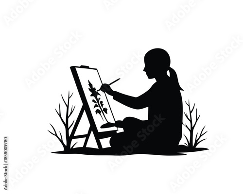 Minimalist graphic silhouette of a creative artist painting on an easel, depicting a serene moment of artistic passion, self-expression, and tranquil leisure activity