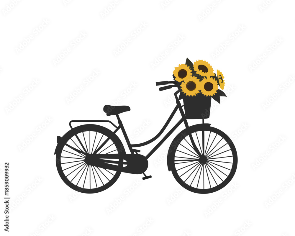 Naklejka premium Charming vintage-style bicycle vector illustration featuring a front basket overflowing with bright yellow sunflowers, symbolizing summer joy, leisurely rides, and rustic outdoor adventures