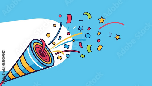 A festive party popper exploding with colorful confetti and streamers against a bright blue background.