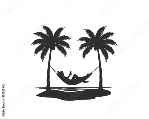 Silhouette of a person relaxing in a hammock strung between two palm trees on a sandy island, conveying a sense of leisure and vacation