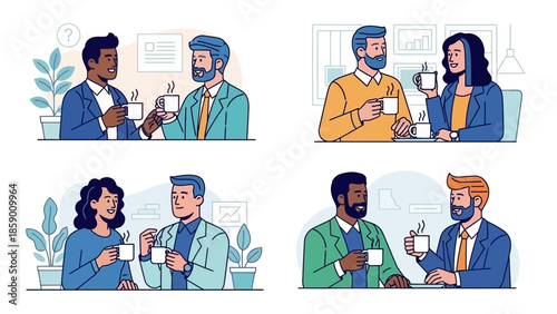 Four diverse pairs of colleagues enjoying coffee breaks and engaging in conversations in a modern office setting.