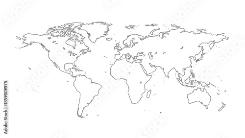A black and white outline map of the world showing continents and countries with coastlines and international borders clearly delineated.