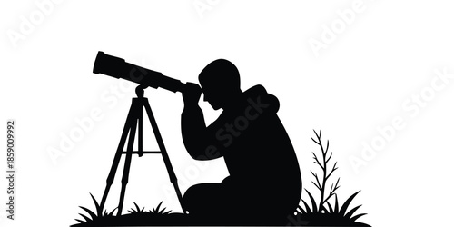 Dark silhouette of a person with a telescope on a tripod, symbolizing stargazing, scientific observation, and cosmic discovery in a minimalist design