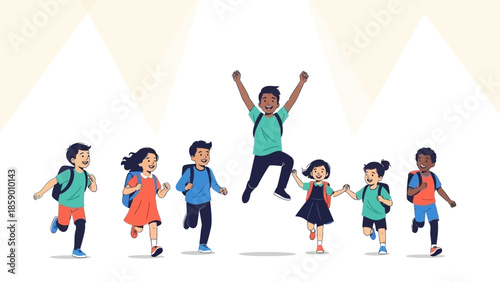 A diverse group of happy children with backpacks running and jumping joyfully, celebrating the start of a new school day.