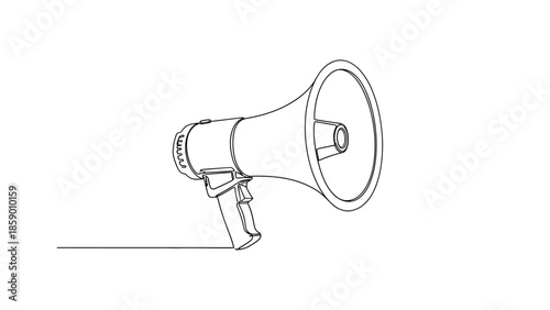 A minimalist line drawing of a megaphone, symbolizing communication and announcement, set against a plain white background.
