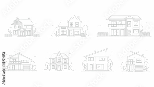 Collection of architectural line drawings showcasing various residential house designs with trees and landscaping elements.