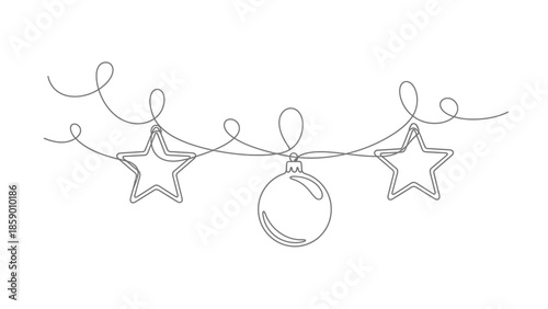 A minimalist continuous line drawing of a festive garland with stars and a bauble.