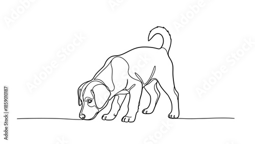 A simple line drawing of a puppy sniffing the ground with its nose down.