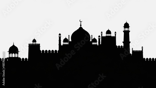 Silhouette of a mosque with domes and minarets