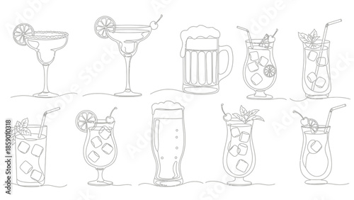 A collection of line art illustrations of various alcoholic and non-alcoholic beverages in different glassware, including cocktails, beer, and other drinks.