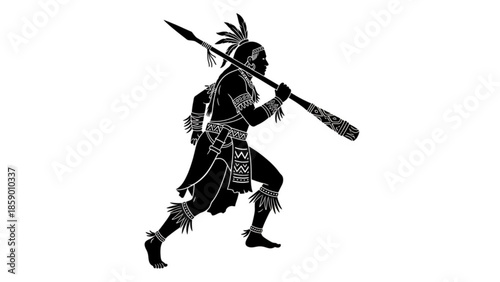 Black silhouette of a native american warrior running with a spear