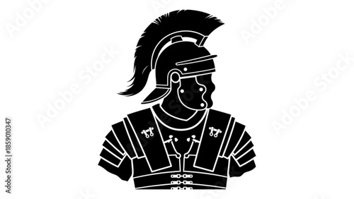 A black and white illustration of a roman soldier wearing a helmet and armor