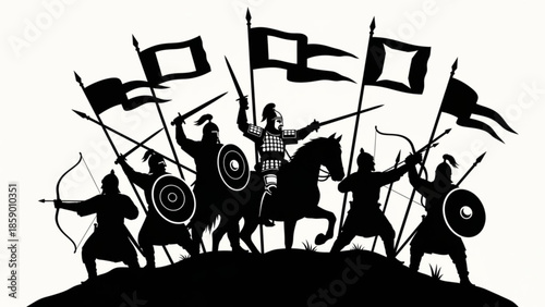 Silhouette of medieval warriors on a hill with flags and weapons