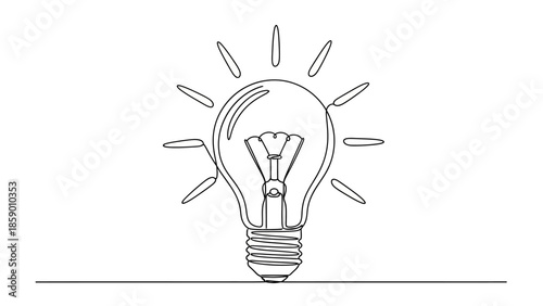 A simple, clean line drawing of a classic incandescent light bulb with radiating lines indicating illumination, symbolizing an idea or innovation.