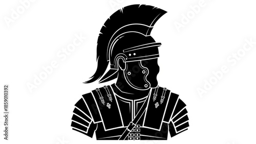 A black and white illustration of a roman soldier wearing a helmet and armor
