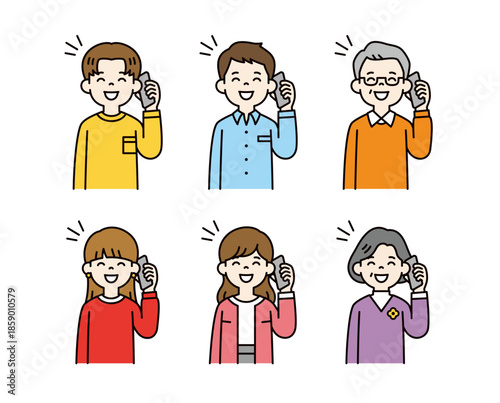 笑顔でスマホで通話する、様々な年代の男性と女性のベクターイラスト素材セット＿カラー	