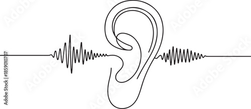 A continuous line drawing of a human ear with a sound wave passing through it.