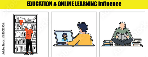 People learning and studying in various educational settings online learning books