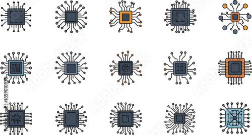 CPU Processor, Microchip Technology and Electronic Circuit Vector Icon Set