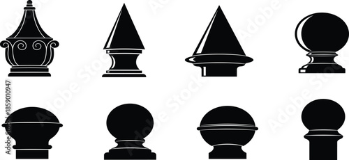 Set of black silhouettes of architectural post caps finials and fence toppers in various decorative shapes isolated on white background