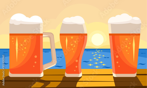 海辺の夕陽とビール