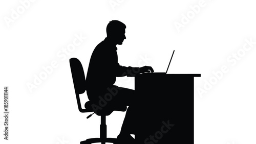 Silhouette of a focused businessman typing diligently on a laptop computer while seated at an office desk on an adjustable rolling chair against a stark white background representing dedication