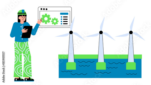 Flat vector illustration of an offshore wind technician performing maintenance on a wind turbine at sea, representing clean energy operations and green jobs