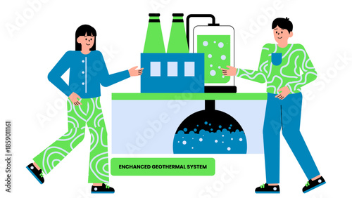 Flat vector illustration of enhanced geothermal system drilling, highlighting underground renewable energy extraction for sustainable power generation