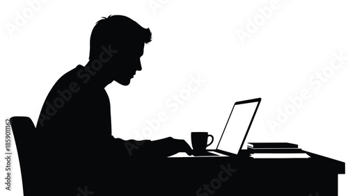 Silhouette of a focused young professional sitting at a desk intently working on a laptop computer while holding a mug near the keyboard in a stark white background environment
