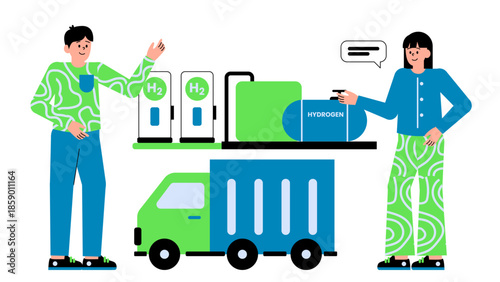 Flat vector illustration of a green hydrogen refueling station serving heavy-duty trucks for zero-emission transportation