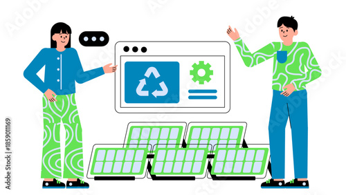 Flat vector illustration showing the solar panel recycling process and sustainable material recovery in renewable energy lifecycle