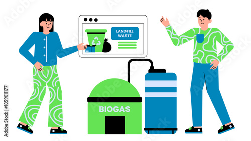 Flat vector illustration of biogas generation from landfill waste, showing circular economy and renewable energy recovery