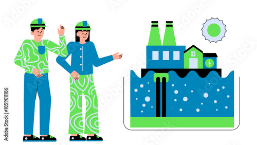 Flat vector illustration of an ocean thermal energy conversion plant using temperature differences to generate clean electricity