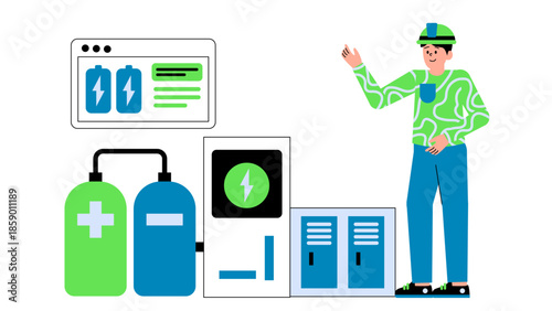 Flat vector illustration of grid-scale flow battery systems supporting renewable energy storage and power stability