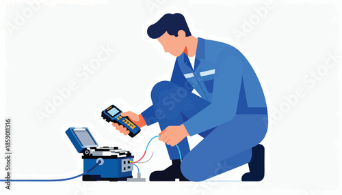 A technician in blue workwear uses a handheld device and a splicing machine to connect cables