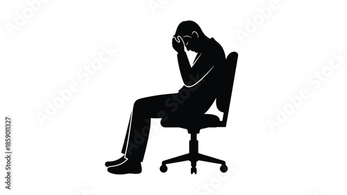 Silhouette of a businessman seated in an office chair holding his head in his hands displaying clear signs of overwhelming stress anxiety and professional exhaustion