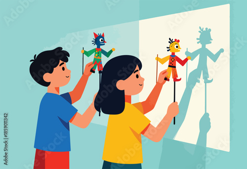 Two children create shadow puppets on a light-colored screen