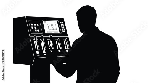 Silhouette of a sound engineer or video technician expertly adjusting levels and controls on a professional audio mixing console or video switcher in a stark black and white graphic illustration style