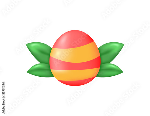 Illustration of a red and yellow egg with leaves. Easter egg concept. Easter decoration element. Happy Easter and spring. Celebration, festival, event, party, symbol. 3D style design. White background