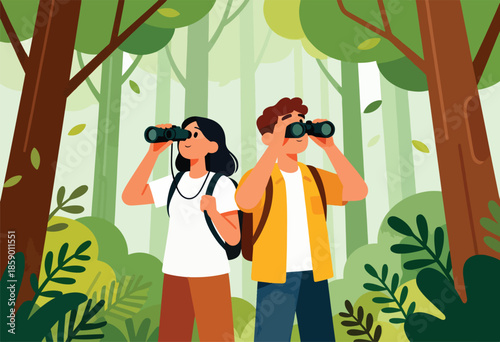Two people with backpacks looking through binoculars in a lush forest