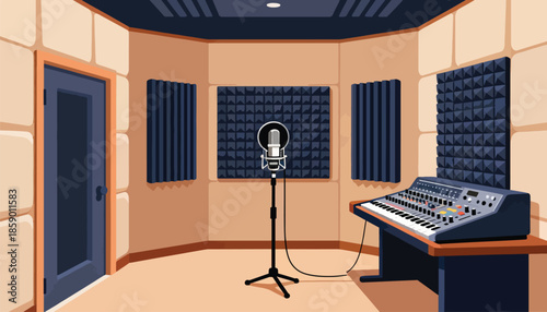 Soundproof room with microphone, keyboard, and soundproofing panels