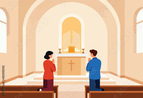 Two individuals kneel in prayer before an altar inside a church sanctuary