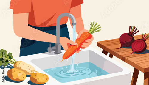 Person washing fresh produce, including carrots, potatoes, and beets, in a sink