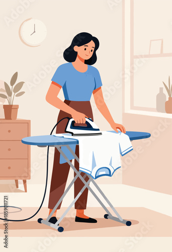 A woman irons a white shirt on a blue ironing board in a brightly lit room