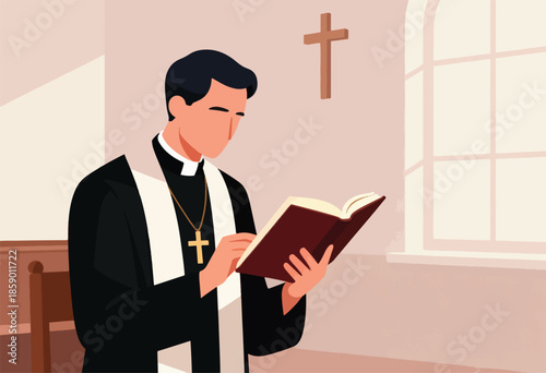 Clergyman reading a book in a chapel with a cross on the wall