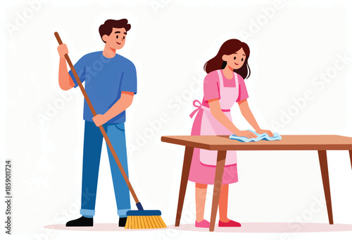 A man sweeps with a broom while a woman wipes a table