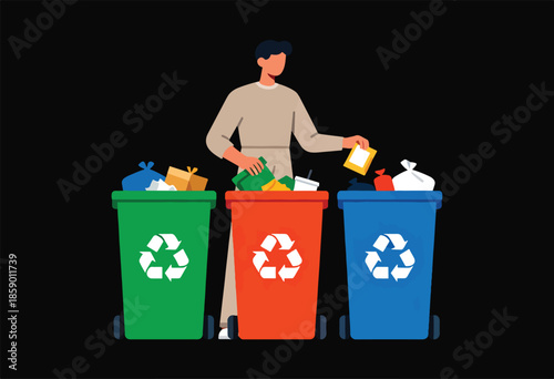 Person sorts waste into three colored recycling bins
